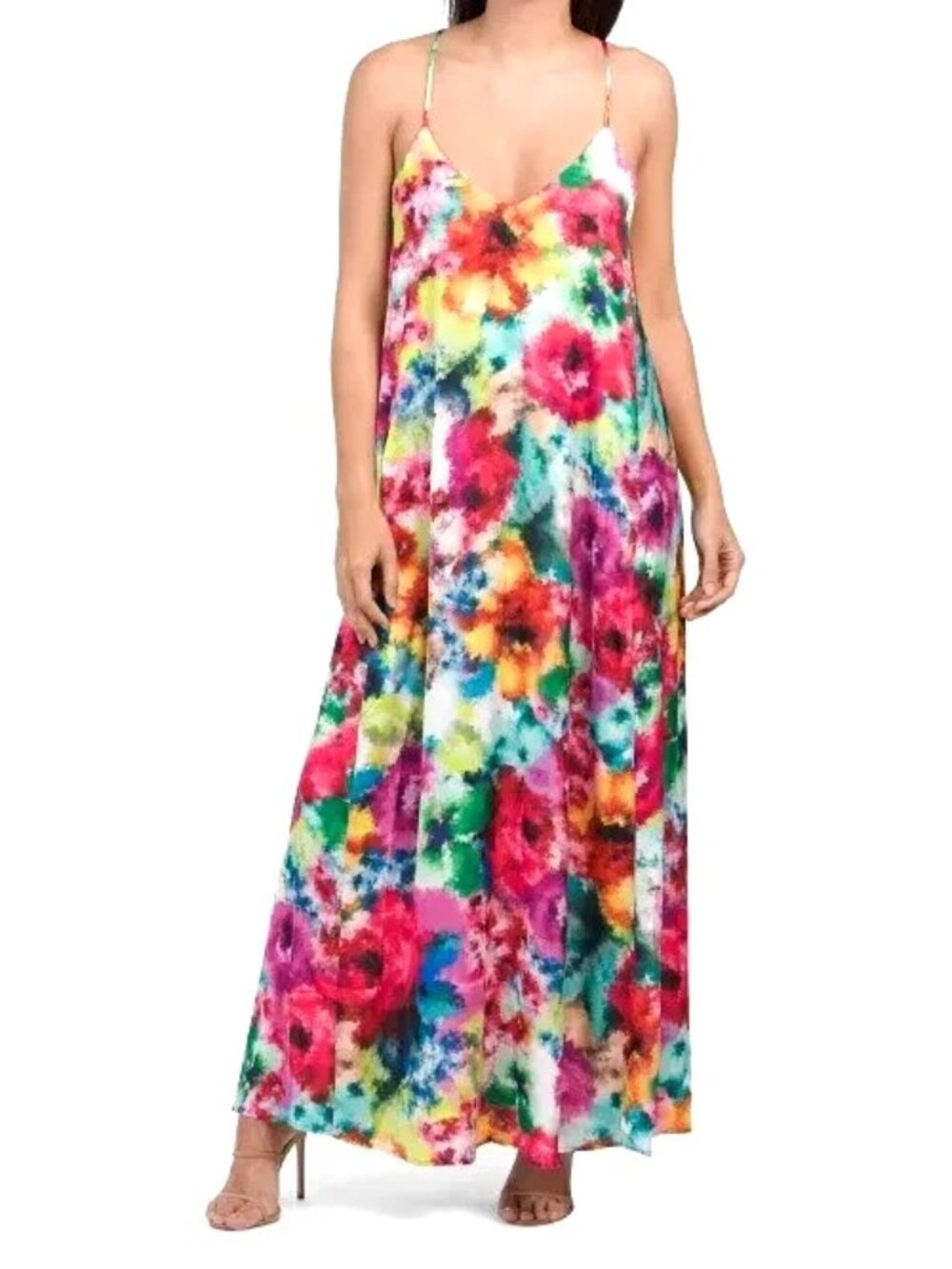 NWT Nicole Miller Watercolor Floral Satin Print Maxi Dress Sz XL